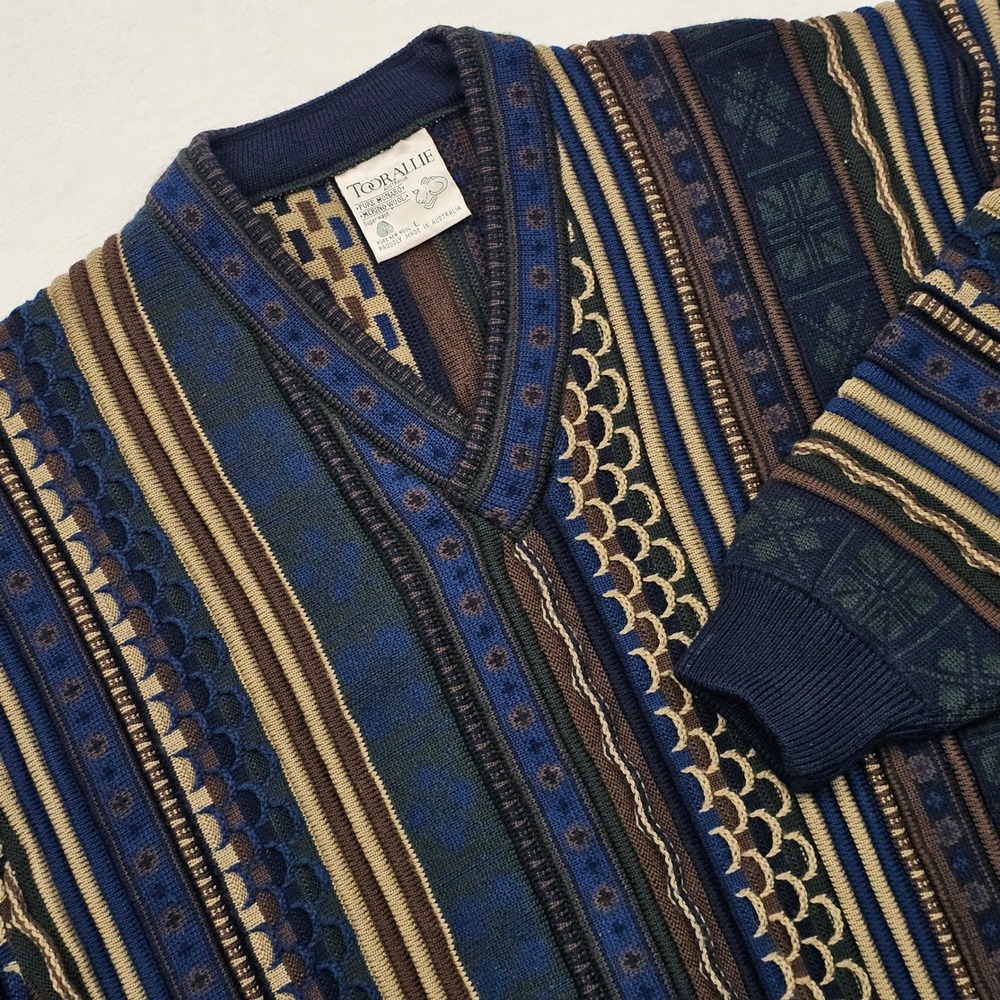 Toorallie Sweater Mens L Blue Brown Merino Wool 3D Knit V Neck‎ Vintage Coogi